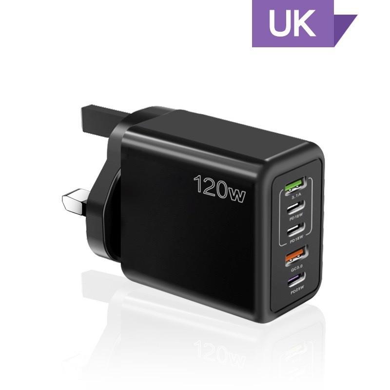 120W Fast Charger with 3PD+2USB Ports for Apple Devices, Compatible with EU/US/UK Standards