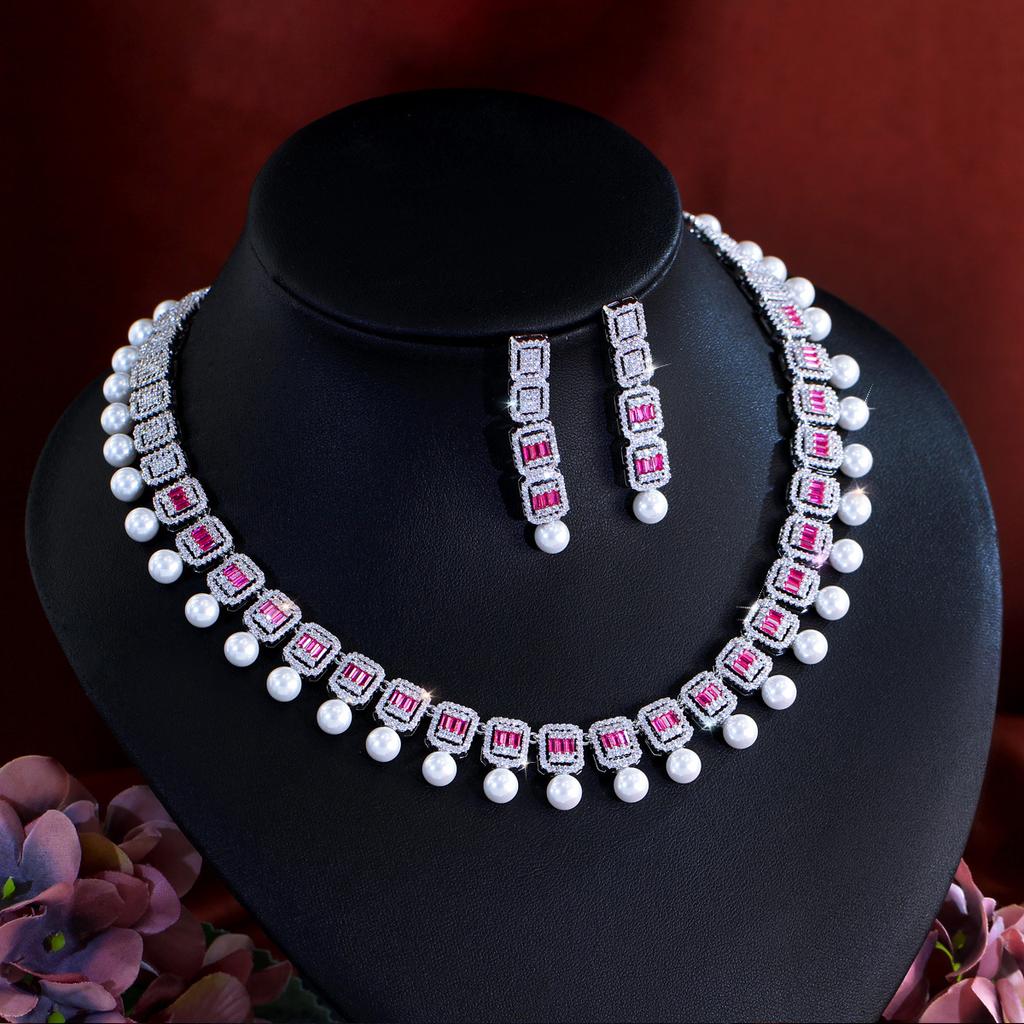 Braut Hochzeitskleid Abend Schmuckset Zirkon Perle Halskette Ohrringe Super Glänzend Zweiteilige Kette