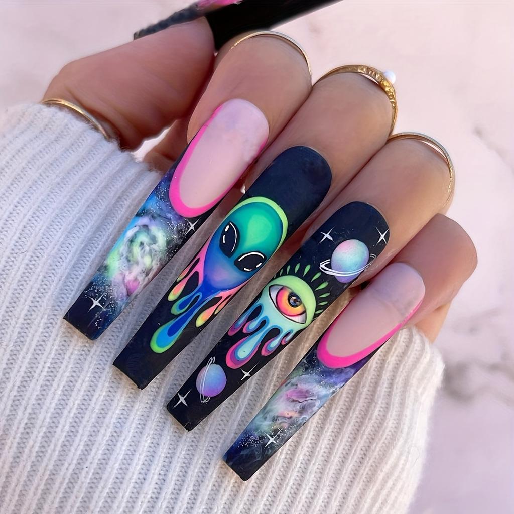 24pcs Blue Starry Sky Long, Glossy, Full Cover Press On Nails for Women High-Quality, Easy to-Apply, Salon-Quality Stick On Nails