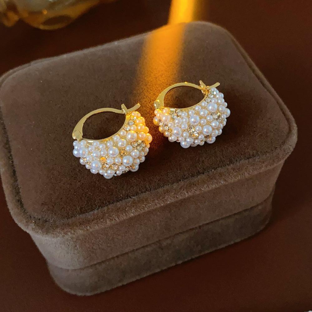 Temperament Court Style Rhinestone Imitation Pearl Basket Hoop Earrings for Women Bride Wedding Ear Clasp Designer Jewelry Gifts