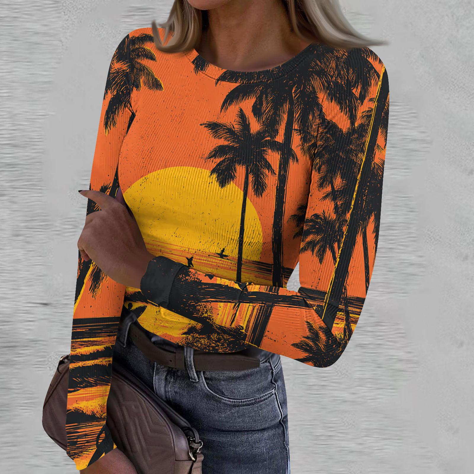 

Women s Casual Fashion Round Neck Retro Print Long Sleeve Ribbed Top XL шафрановий