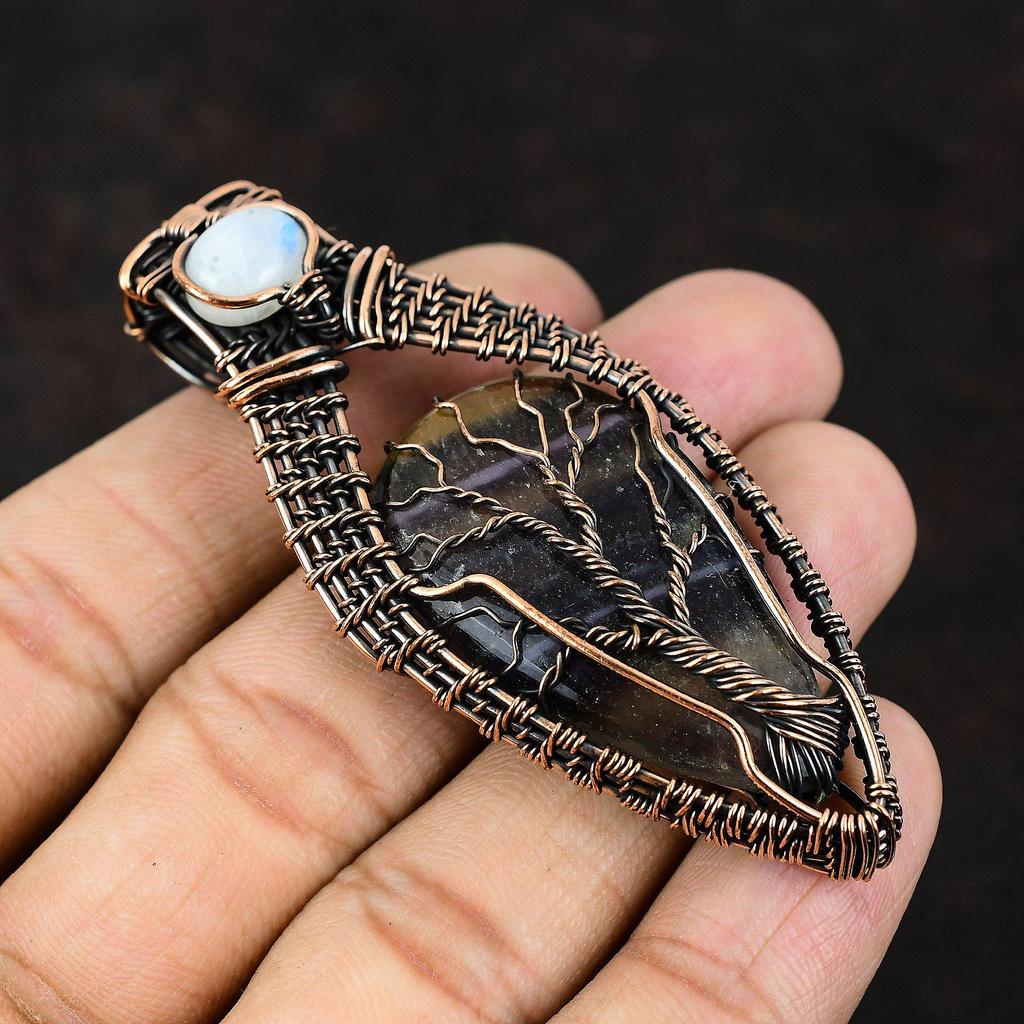 Tree Of Life Multi Fluorite Gemstone Pendant Copper Wire Wrap Pendant Gift For Her Tree Of Life Rainbow Moonstone Jewelry Handmade Jewelry