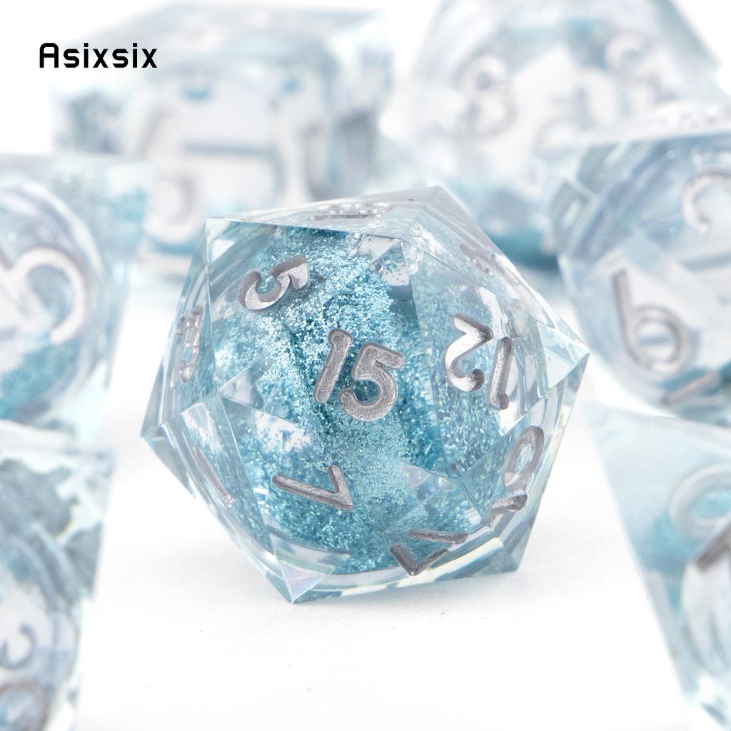 7 Pcs Transparent Blue Resin Flowing Sand White Number Sharp Edge Dice Polyhedral Dice Suitable For Dice PropBoard Game