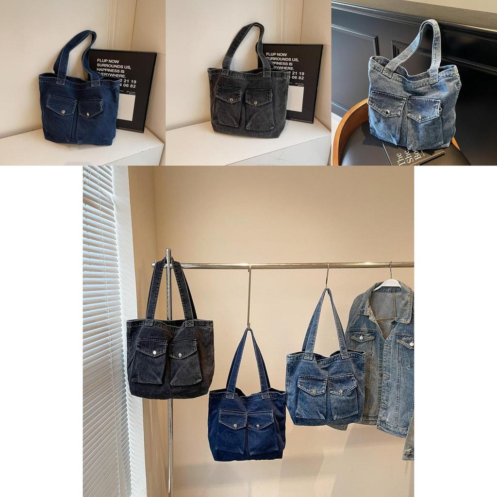 Fashionable Womens Tote Bag In Denim Fabric With Double Shoulder Straps For Commuting
