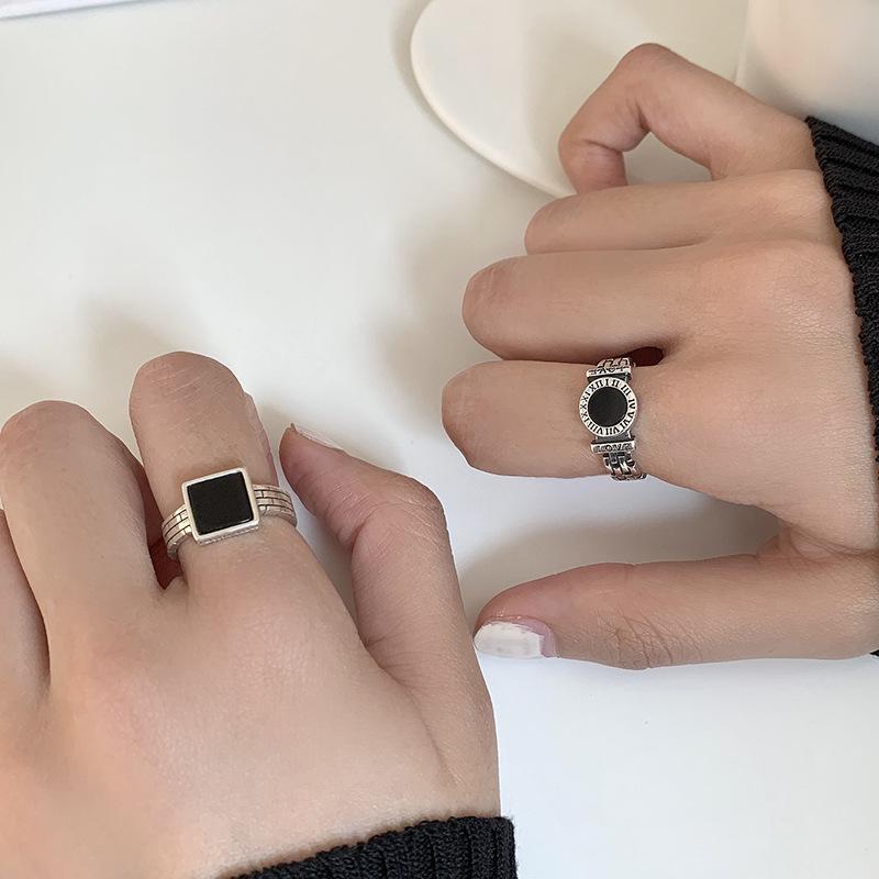 Retro Geometrischer Schwarzer Offener Ring mit Römischen Ziffern - 925 Silber Damen Mehrschichtiger Hip Hop Zeigefingerring