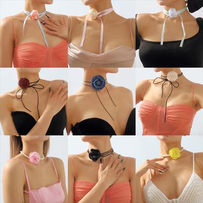 Wind Retro Multi-color Three-dimensional Flower Strap Necklace, Fashion Fabric Rose Pearl Choker Collarbone Chain
