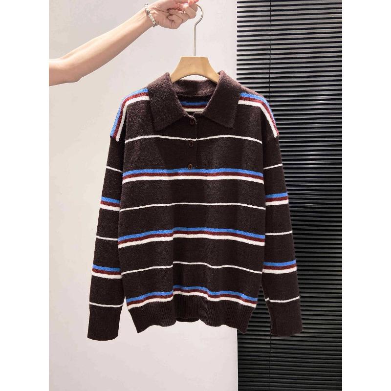 

British college style contrasting striped knitted long-sleeved women s autumn and winter retro button-up olo shirt lapel bottoming top L кофейный