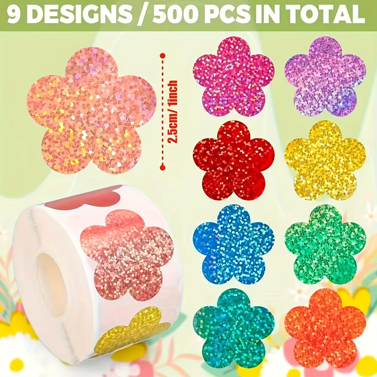 

500pcs Colorful Laser Flower Stickers - Decorative Sealing Labels for Birthday,Wedding,and Party Favors-Vibrant Paper Craft Tags as shown