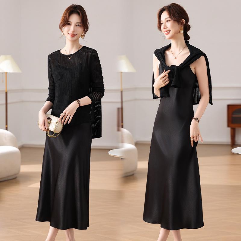 

Elegant Spring/Summer Two-Piece Camisole Dress & Cover-Up for Middle-Aged Women XL (85-95 jin) чорний