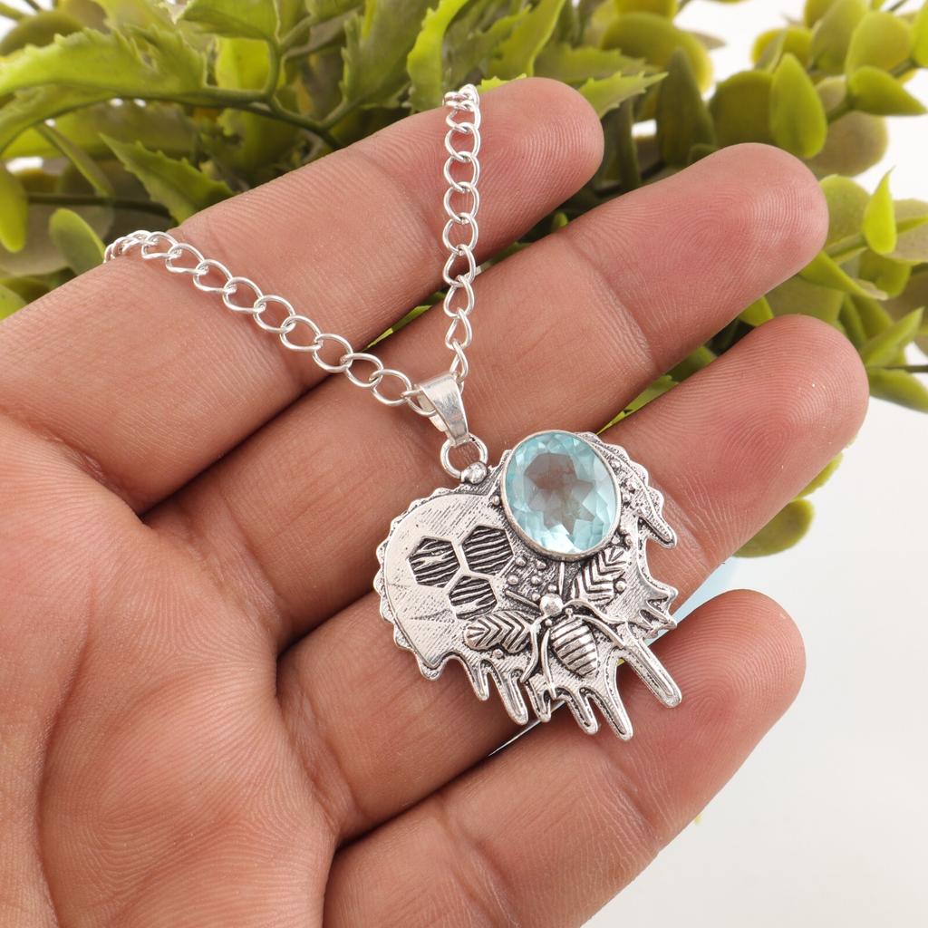 Sky Blue Topaz Gemstone 925 Sterling Silver Jewelry Handmade Boho Pendant 1.49" CP-28-7