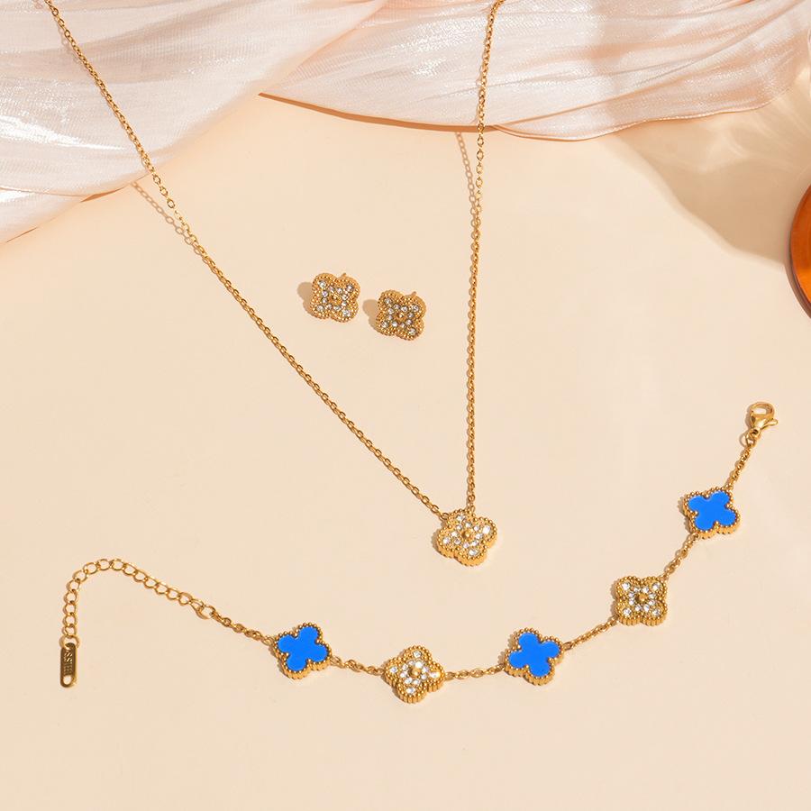 

Набор из 3 предметов: ожерелье, браслет и серьги из титановой стали, не выцветающий, двусторонний, в виде клевера necklace+bracelet+earring синий