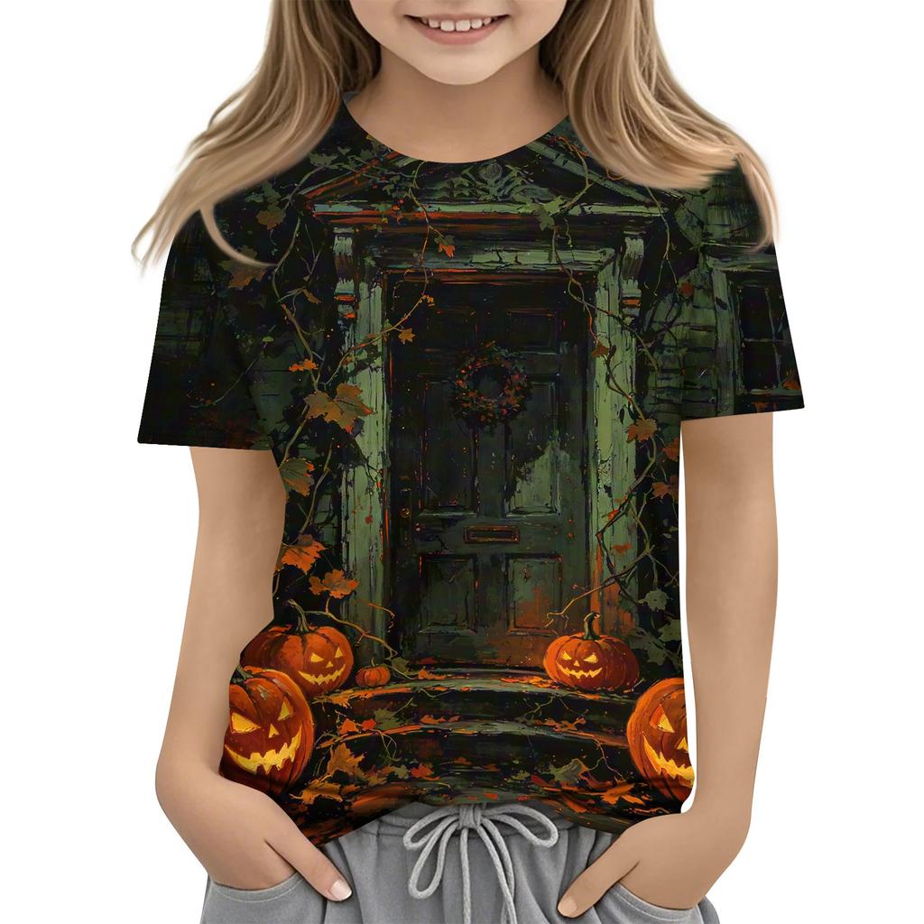 Kids Halloween Short Sleeve Shirt Ghost Skeleton Pumpkin Print Boys Girls Tee Casual Comfortable Fit Lightweight Fabric