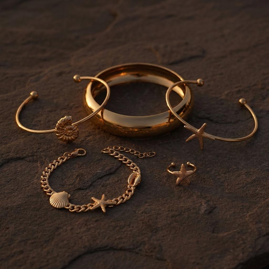 Coastal Chic Goldfarbenes Armreif-Set für Damen Minimalistisches Statement-Armreif Muschel Seestern Ring Zeitloser Sommerschmuck