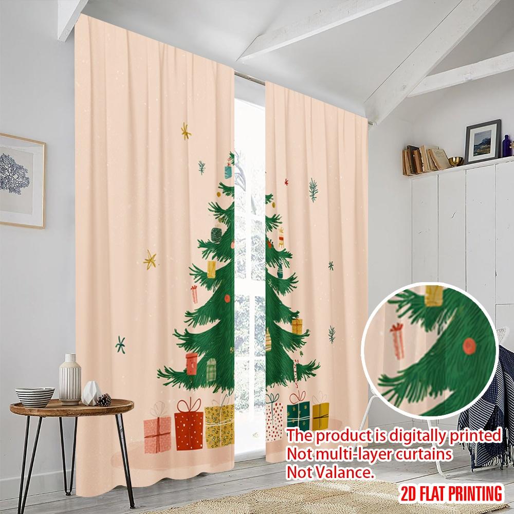 2 Stück, 2D-Flachdruck Fenstervorhang Weihnachtsbaum_ Geschenkbox_ Schneeflocke Strapazierfähiges 100% Polyestergewebe (ohne Stange)