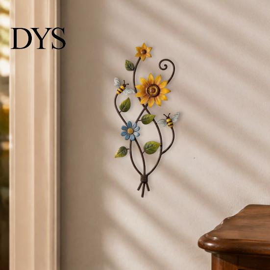 Weather Resistant Wall Ornament Metal Sunflower Bee Art, Rustic Flower Vine Hanging, Patio Fence Yard Decoration Indoor Outdoor Garden Decorative