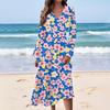 Women's Casual Fashion Floral Print V-neck Long Sleeve Waist Long Dress