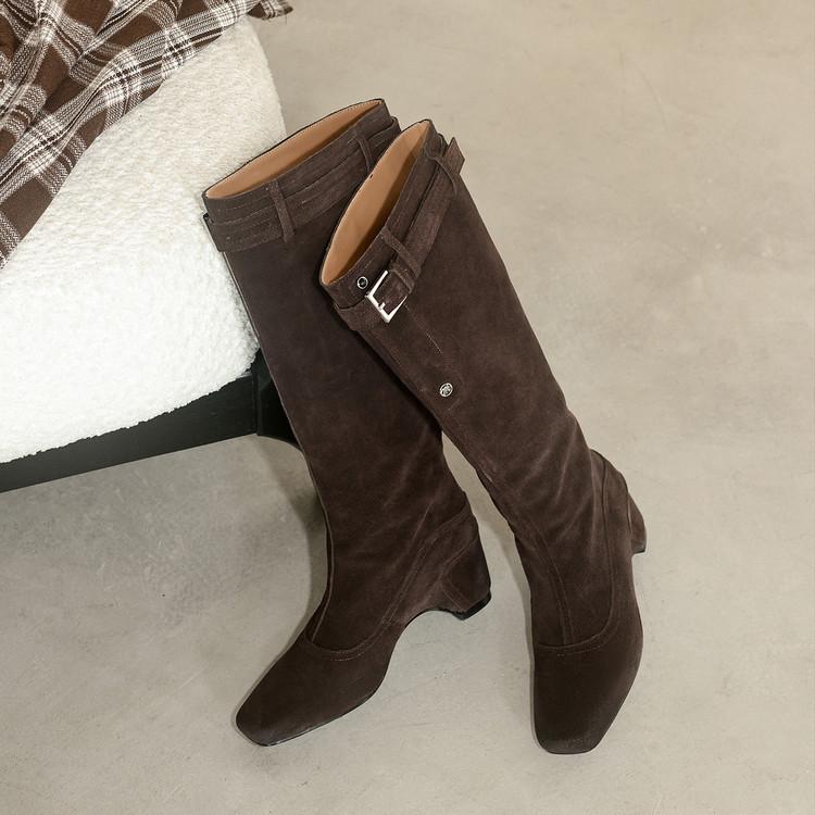 

Long Boots Women s Autumn and Winter Super Fire Small Knight Modified Legs Black Wedge Heel Square Head Belt Buckle 39 темно-коричневого