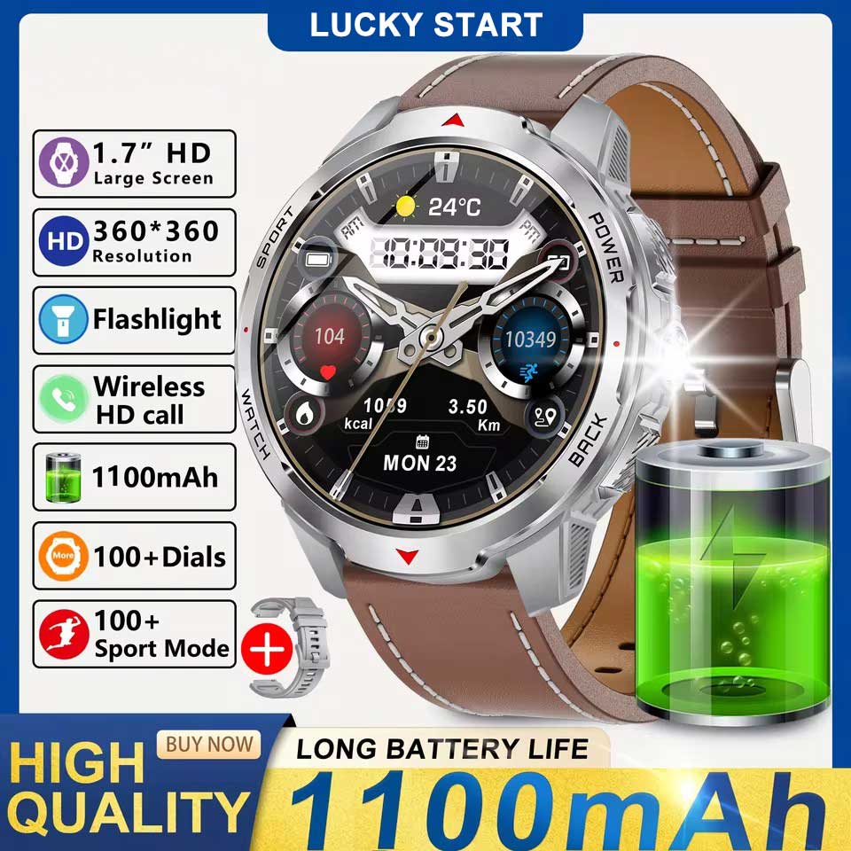 2025 New 1.7-inch Smart Watch Men 1100mAh High-Capacity Battery LED Torch & Compass 3ATM & IP68 Bluetooth Call Sports Smartwatch