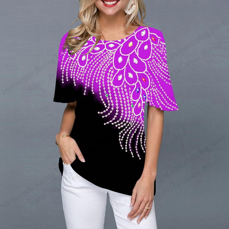 

Новая винтажная синяя футболка с этническим принтом 3D, женская модная футболка с круглым вырезом, коротким рукавом, оверсайз, повседневные топы, футболки, женская одежда Y2K XL