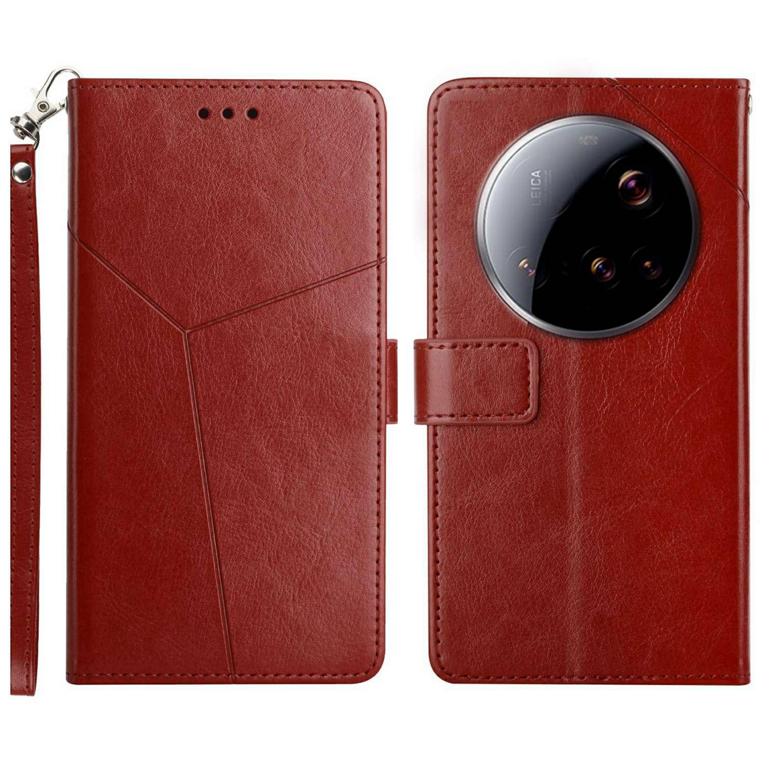 

For Xiaomi 15 Ultra Case Y Shaped Lines Imprint Leather Phone Cover Brown