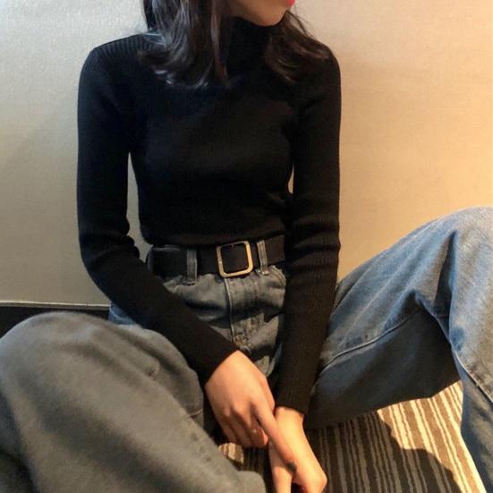 Women Sweater Turtleneck Long Sleeve Slim Fit Knitting Tops Solid Color Soft Elastic Fabric