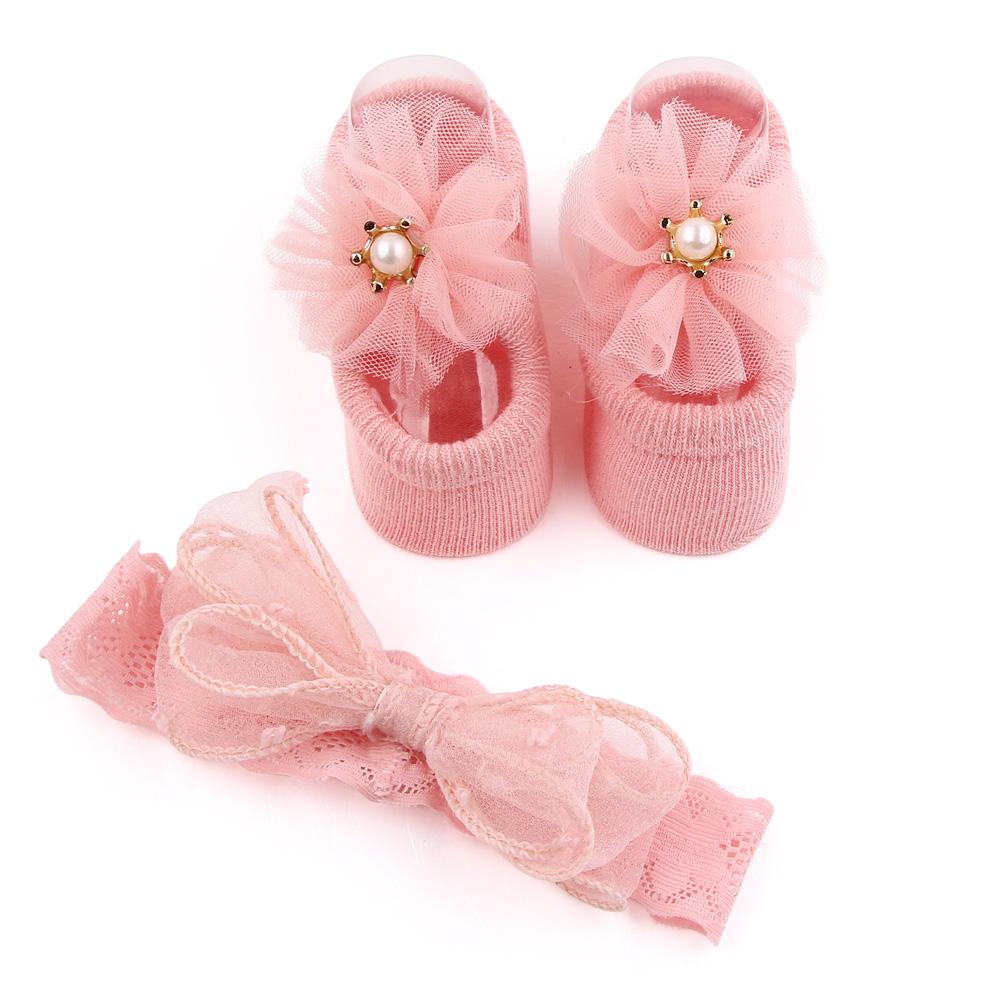 Babysocken- und Stirnband-Set Zwei Teile Mehrere Auswahlmöglichkeiten für Kleinkind Baby Mädchen Weiche Baumwolle Schönes Taufgeschenk 0-1 Jahr D2619