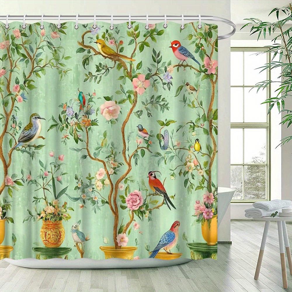 Charming Birds And Blooming Flowers Waterproof Shower Curtain For Bathroom Decor, Adding A Touch Of Nature'S Beauty