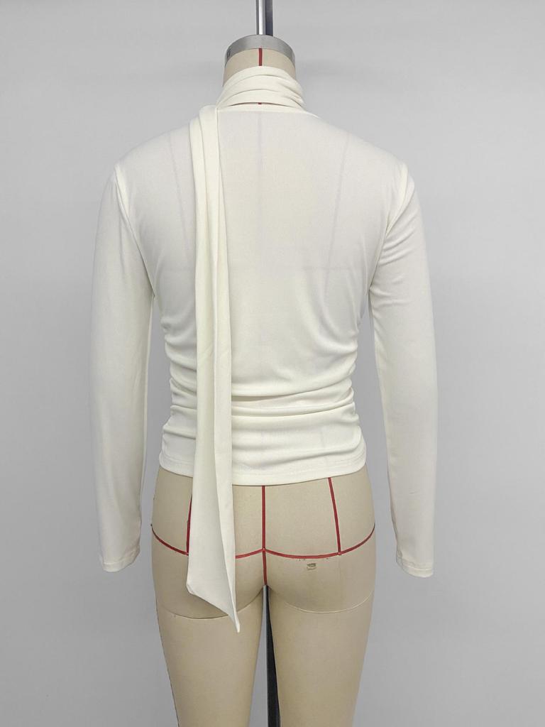 European and American 2025 Spring/Autumn Light Luxury Slim Fit Shirred Neck Tie-up T-shirt