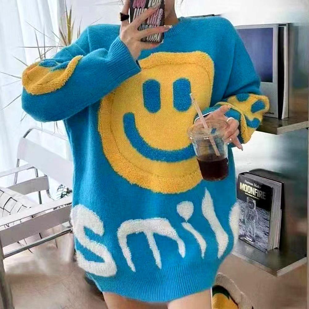Women's Autumn/Winter Smiley Face Loose Knit Sweater - Versatile Mid-Length Pullover