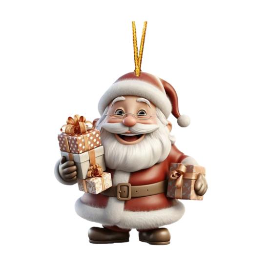 Christmas Ornament Smiling Santa Claus Holding Gift Pendant 3D Effect Acrylic Hanging Pendant Festive Home Decor