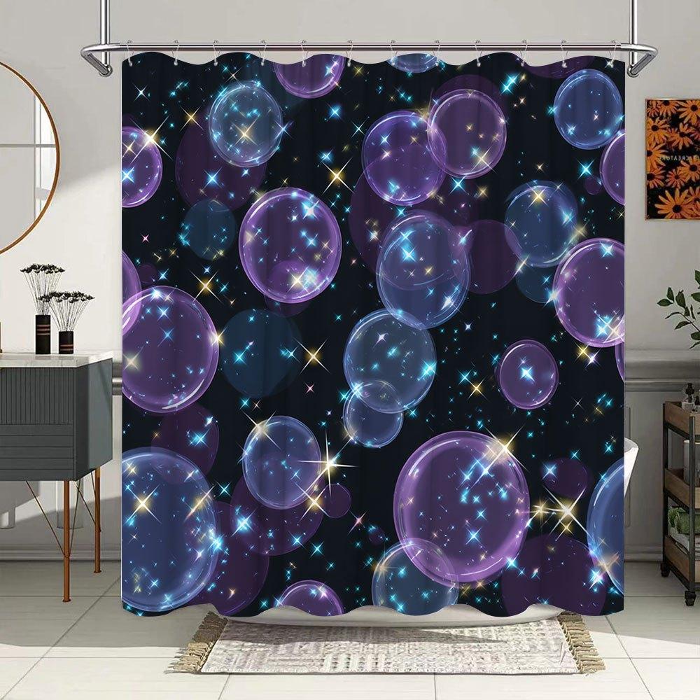 1Pc Cosmic Bubbles Bath Curtain - Whimsical Space Theme With Glowing Blue Purple Yellow Orbs & Twinkling Starry Night Sky Design