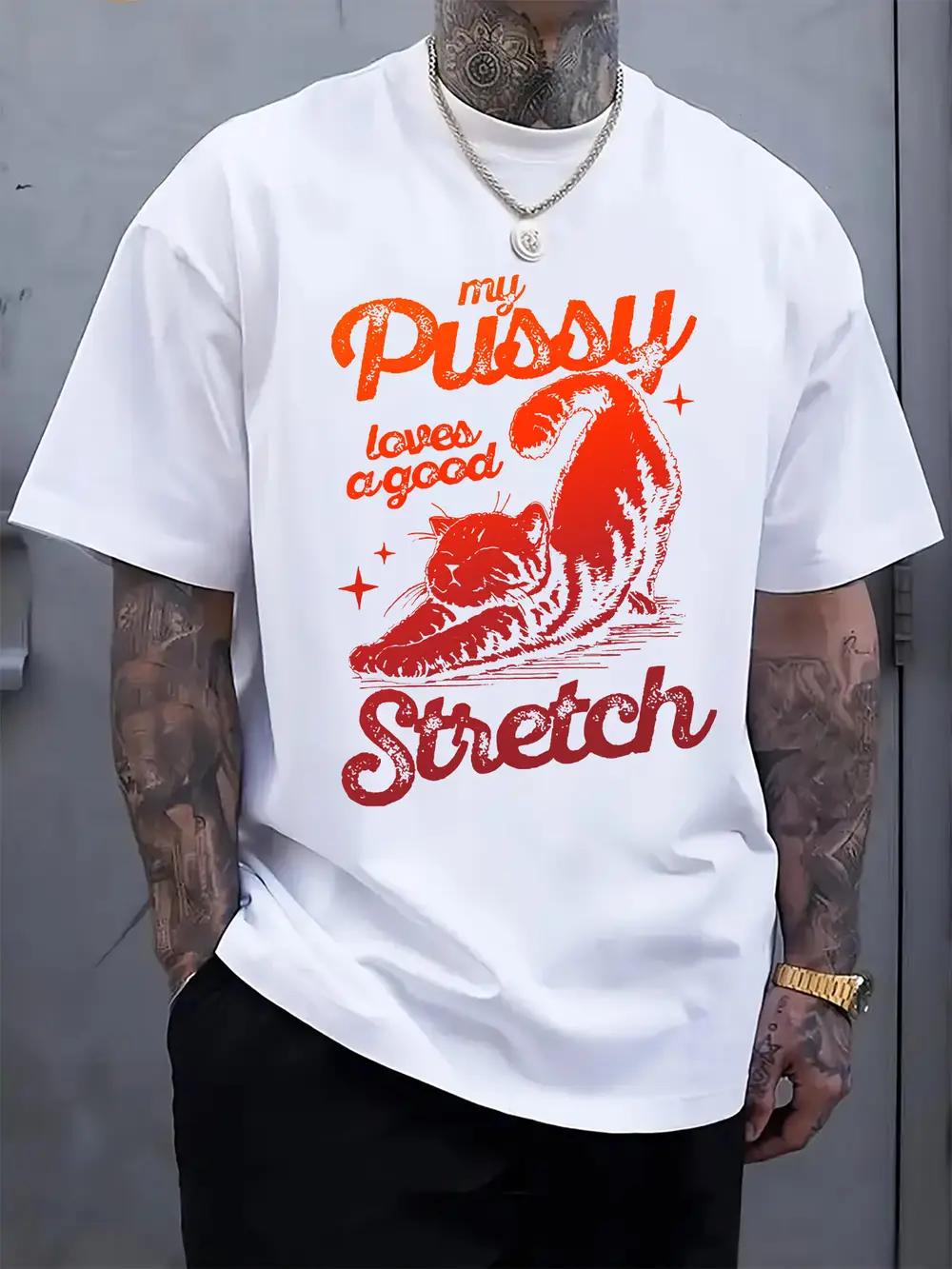 Playful Cat Stretch Slogan Print Round Neck Short Sleeve T-shirt XXL