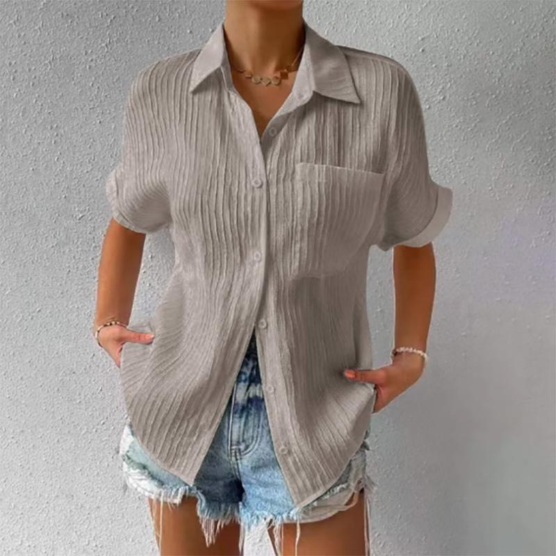 Summer Casual Solid Color Shirts Women Fashion Turn-down Collar Short Sleeves Pockets Buttons Cardigans Commute Slimming Blouses