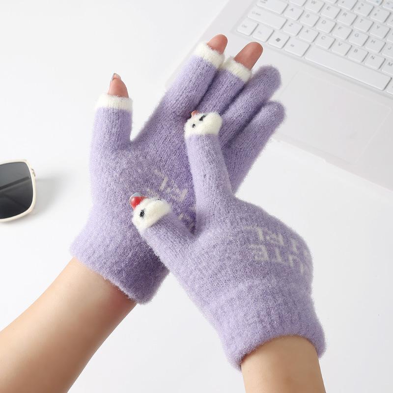 Winter Cartoon Cute Parent Child Gloves Riding Knitted Warm and Cold Baby Leaking Finger Gloves Yarn Thickened Gloves