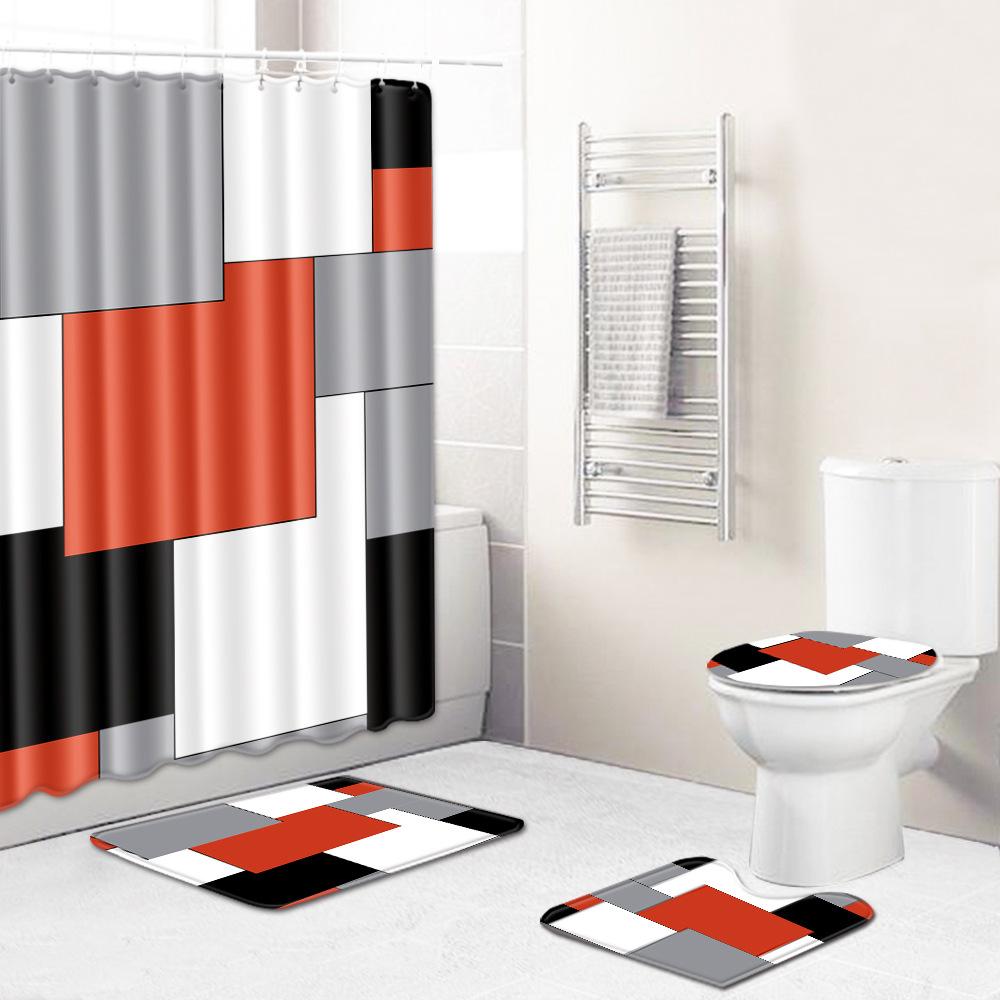 Retro Geometric Bathroom Four-Piece Waterproof Shower Curtain Bedroom Non-Slip Carpet Floor Mat Door Mat