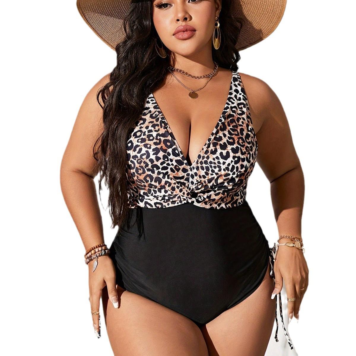 

2025 Plus Size Leopard Print Patchwork Swimsuit for Women - European & American Style 2XL