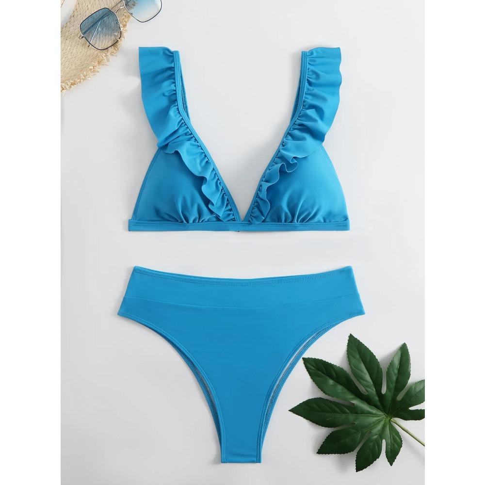 

Новый раздельный однотонный купальник бикини для женщин, плиссированный многоцветный купальник S павлин голубой