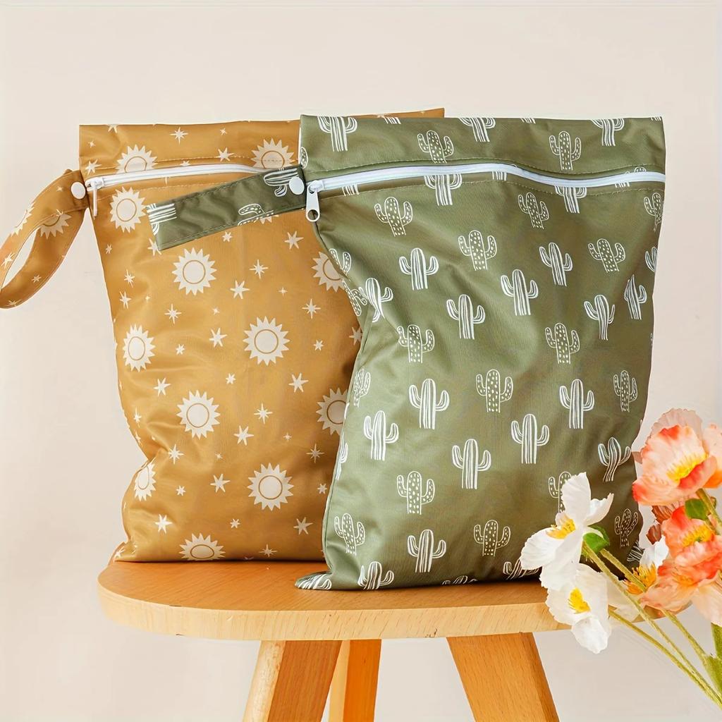 Reusable Wet Bags, Polyester Nappy Changing Bags with Sun & Cactus Patterns, For Swimming, Camping, Travel, Gym, Beach