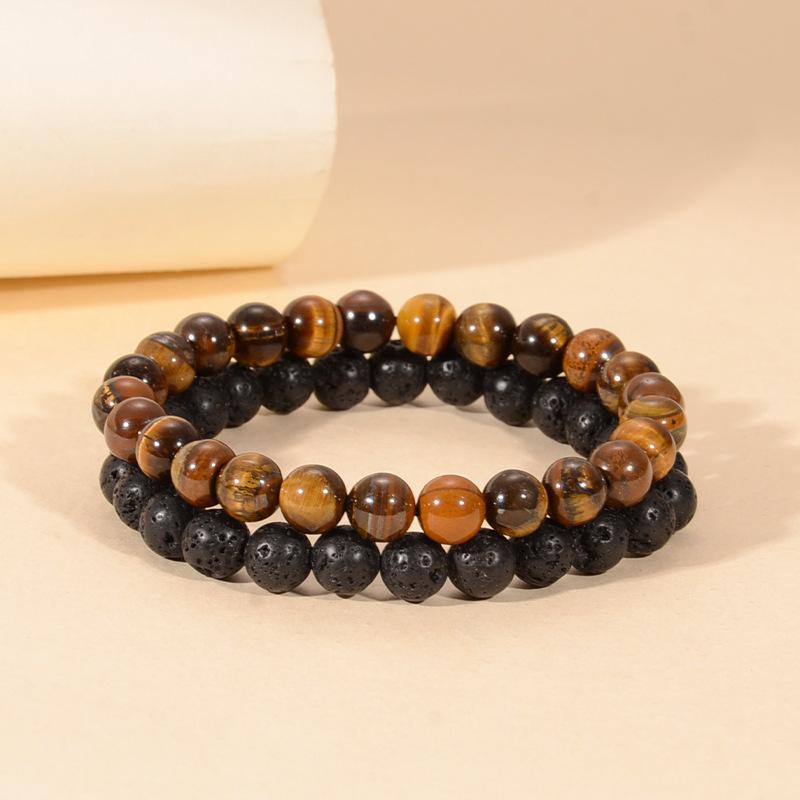 Tiger Eye Stone Bracelet Volcanic Stone Bracelet Fashionable Versatile Leather Men's Set