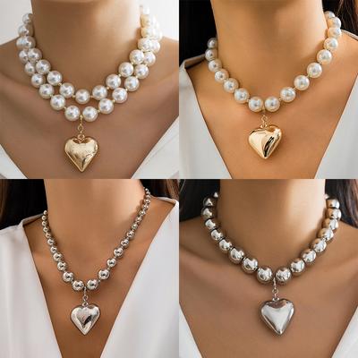 Personalized Cyberstyle Multi-layer Round Bead Peach Heart Necklace