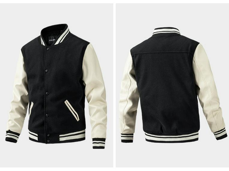 Men's Autumn/Winter Fashion Baseball Jacket - Wool & PU Sleeve Casual Outerwear