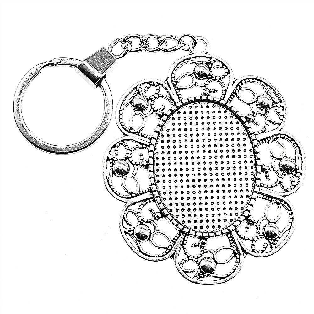 Heart Elliptical Glass Cabochon Base Setting Tray Blank Antique Bronze Metal Keychain for Family Gift
