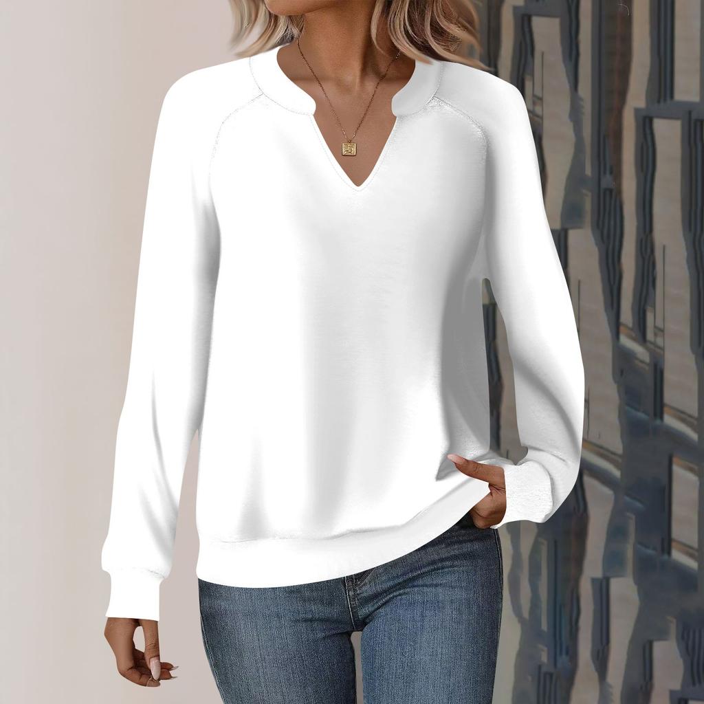 Damen Casual Langarm V-Ausschnitt Sweatshirt Einfarbig Lose Pullover Top
