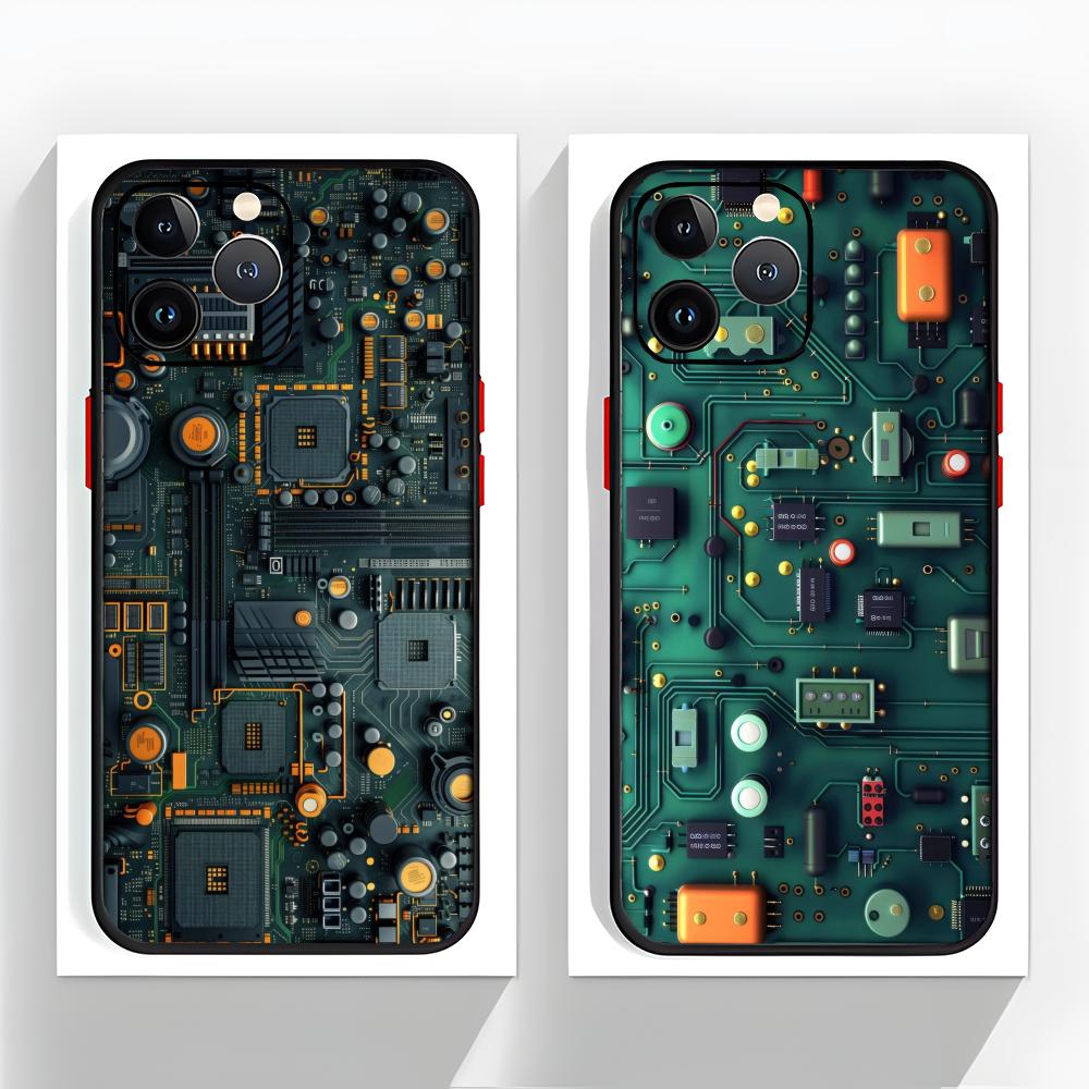 Techy Futuristic Pattern C-Circuit Board Phone Case Black Matte Thin Phone Case For iPhone17 16 15 14 13 ProMax