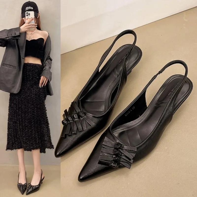 Fashion 2025 New Summer French Black Pointed Bowknot Mid-heel Overhead Sandals for Women Elegance Skinny Heel Back Empty Shoes