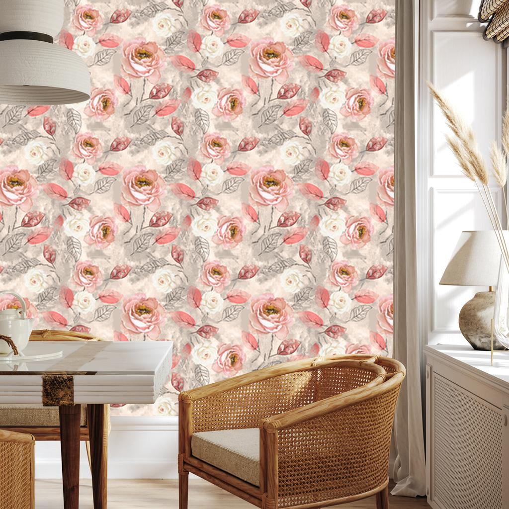 Watercolor Roses Wallpaper with Leaves for Living Room and Bedroom 50x1000