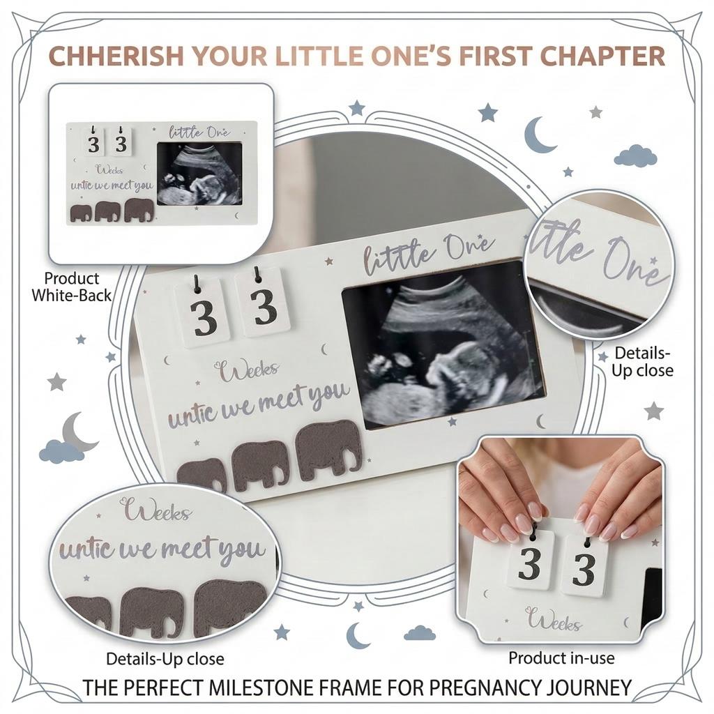 Baby First Scan Photo Frame Countdown Calendar Weeks Until We Meet You with Elephant Design and Photo Display for Newborn Keepsake