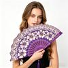 Chinese Style Flower Folding Fan with Faux Pearl Tassel Portable Plastic Ribs Hand Fan Women Dance Performance Props Party Favors