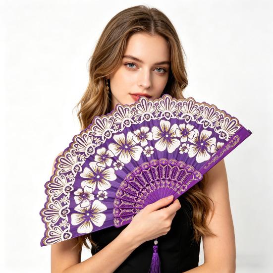 Chinese Style Flower Folding Fan with Faux Pearl Tassel Portable Plastic Ribs Hand Fan Women Dance Performance Props Party Favors