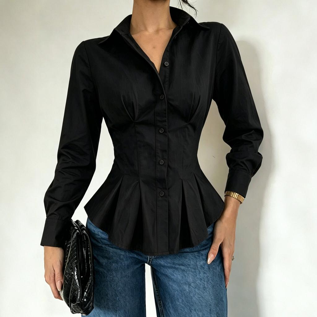 Women Brown Tucked Peplum Blouse Long Sleeve V Neck Casual Elegant Office Top